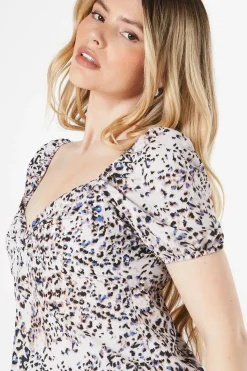 Animal Print Knot Front Puff Sleeve Top