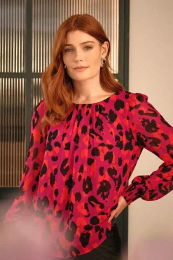 Animal Print Long Sleeve Ruched Blouse