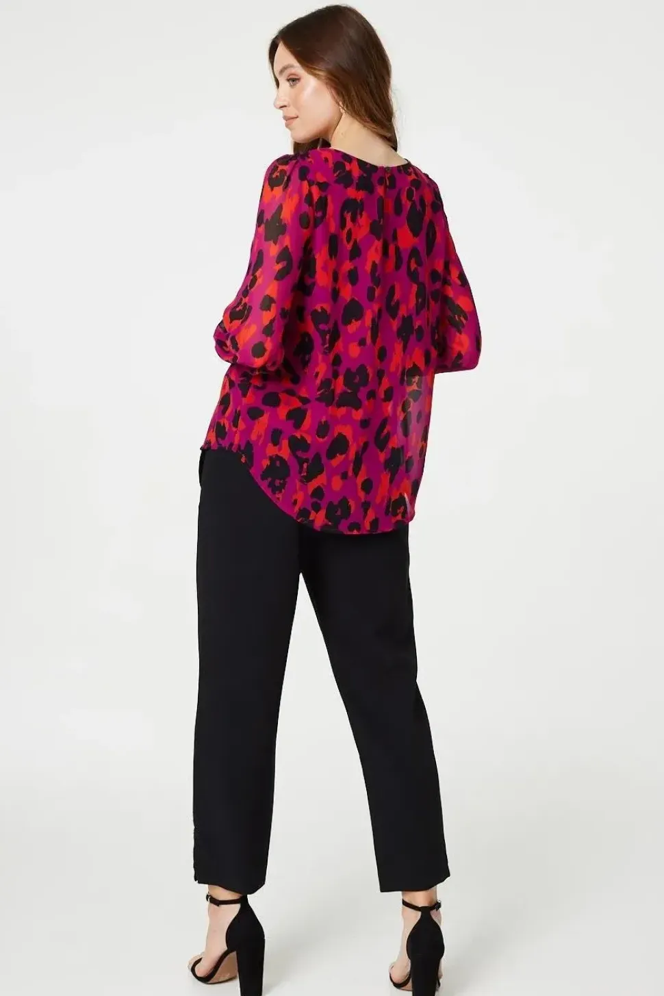 Animal Print Long Sleeve Ruched Blouse