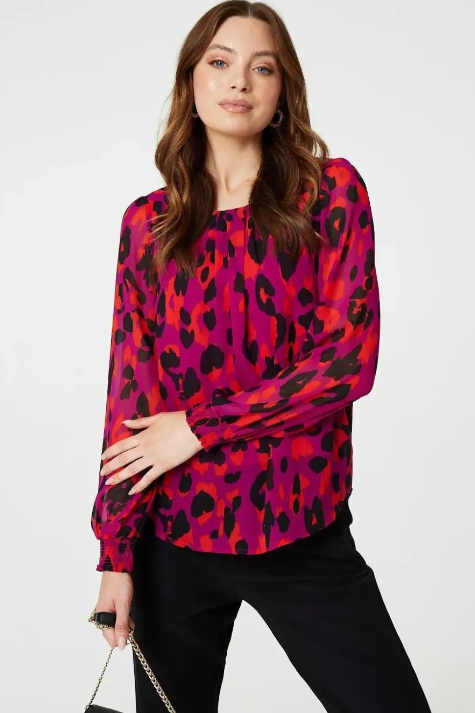Animal Print Long Sleeve Ruched Blouse