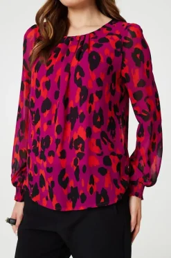 Animal Print Long Sleeve Ruched Blouse