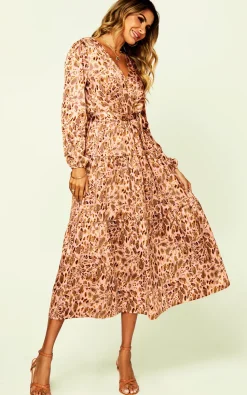 Animal Print Long Sleeve Wrap Dress In Nude Brown