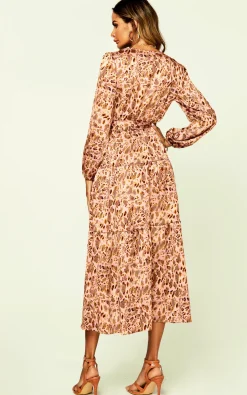 Animal Print Long Sleeve Wrap Dress In Nude Brown