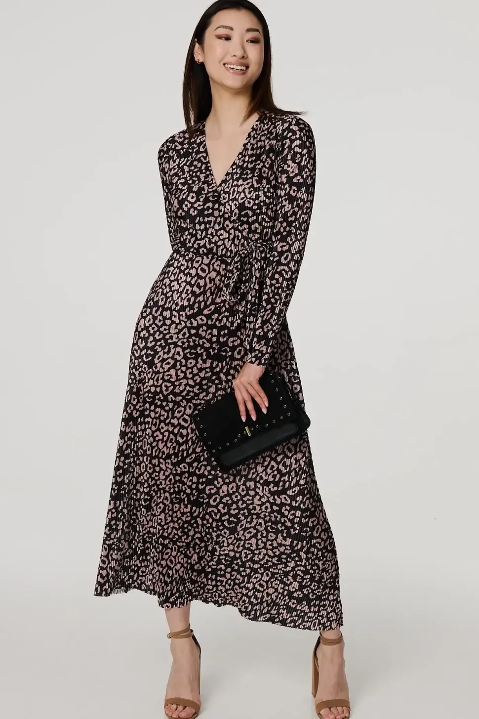 Animal Print Pleated Wrap Midi Dress