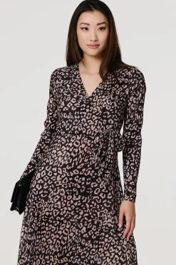 Animal Print Pleated Wrap Midi Dress