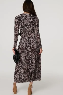 Animal Print Pleated Wrap Midi Dress