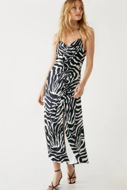 Animal Print Ruched Diamante Strap Slip Dress