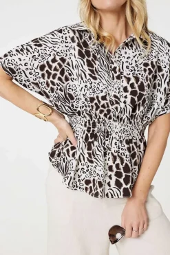 Animal Print Shirred Waist Blouse