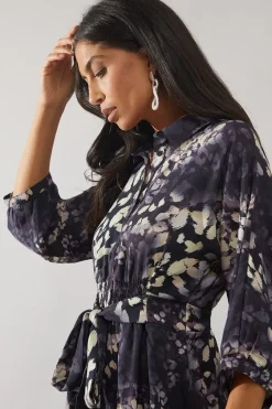Animal Print Shirred Waist Shirt Dress