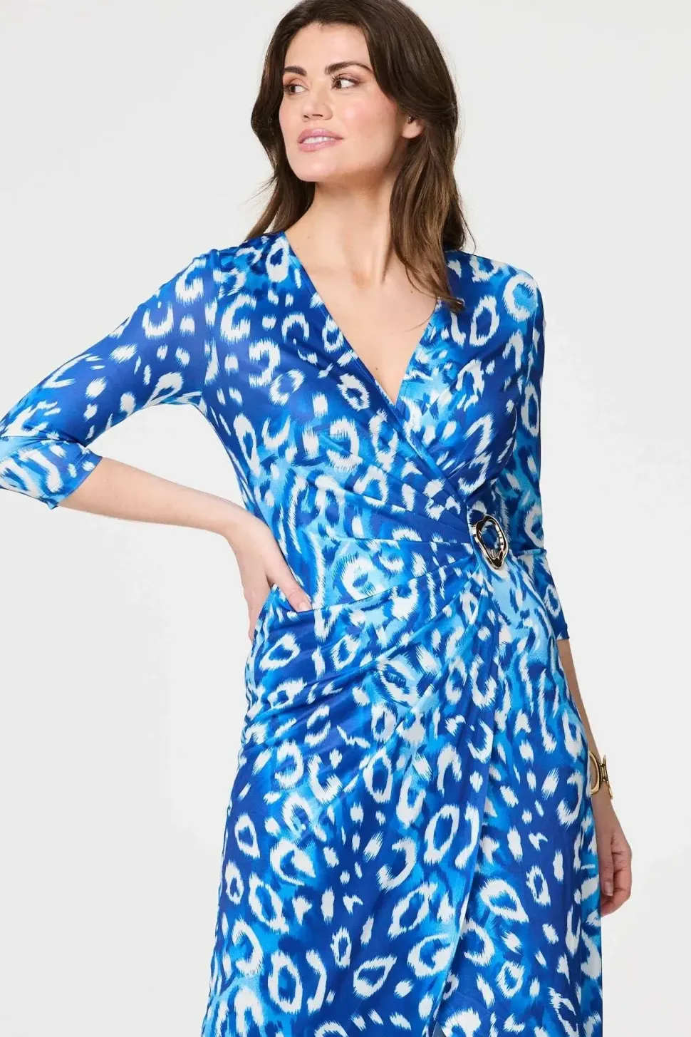 Animal Print 3/4 Sleeve Midi Wrap Dress