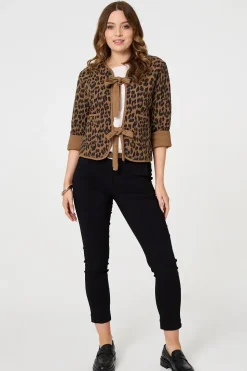 Animal Print 3/4 Sleeve Tie Front Cardigan