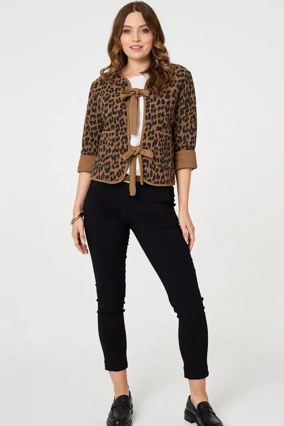 Animal Print 3/4 Sleeve Tie Front Cardigan