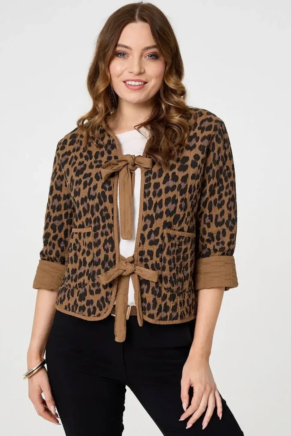 Animal Print 3/4 Sleeve Tie Front Cardigan