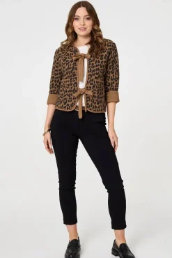 Animal Print 3/4 Sleeve Tie Front Cardigan
