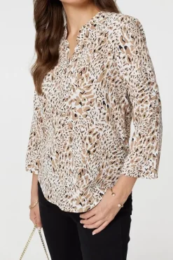 Animal Print 3/4 Sleeve V-Neck Blouse