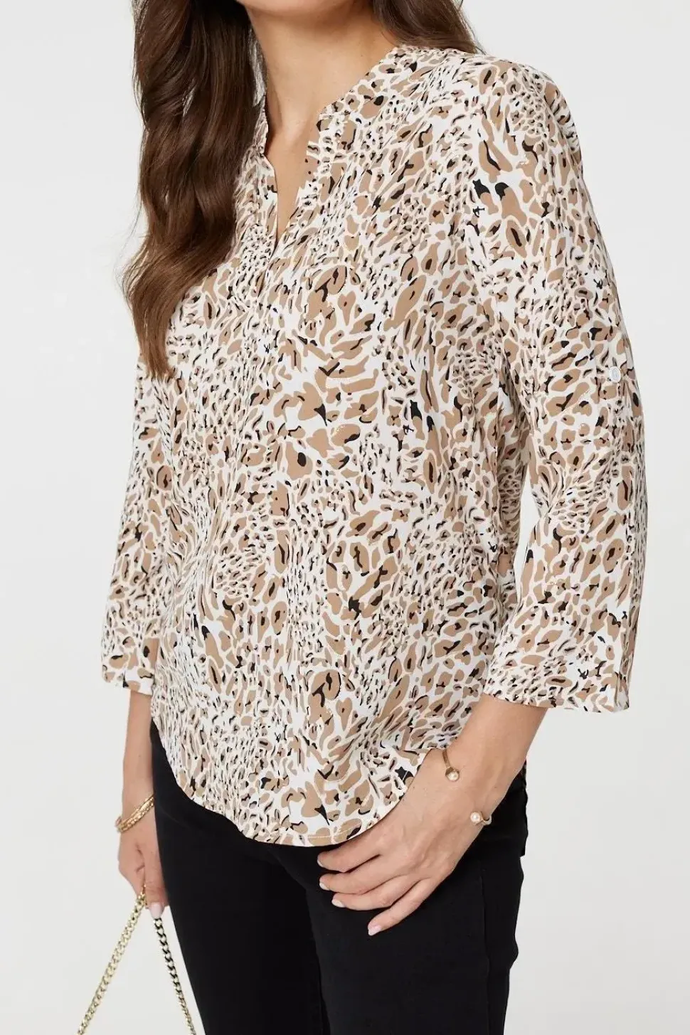 Animal Print 3/4 Sleeve V-Neck Blouse