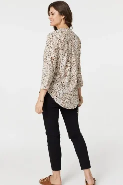 Animal Print 3/4 Sleeve V-Neck Blouse