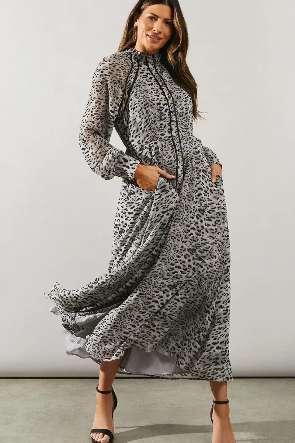 Animal Print Stud Detail Shirt Dress