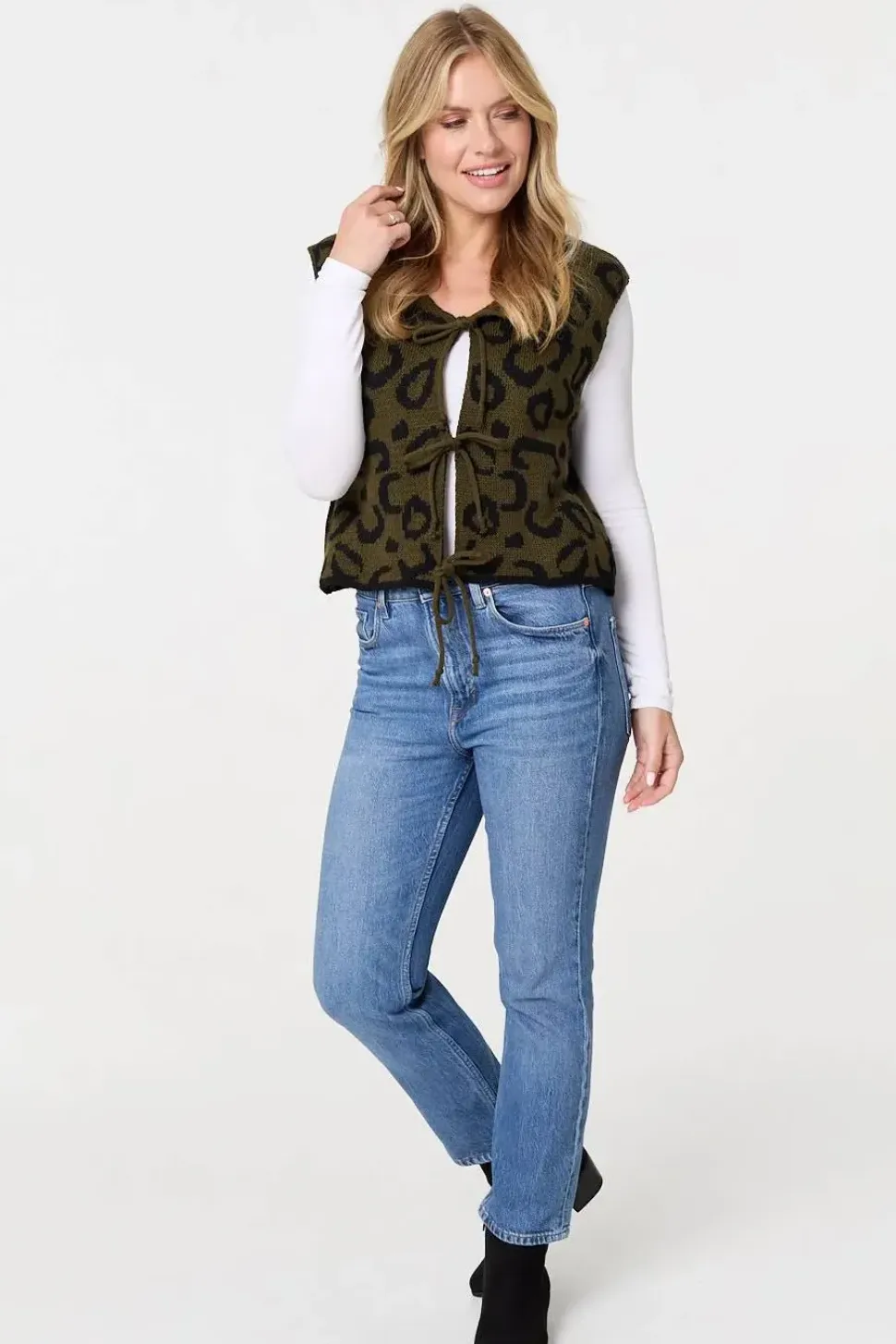 Animal Print Tie Front Sleeveless Vest