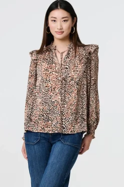 Animal Print Tie-Up Keyhole Neck Blouse