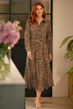 Animal Print Tie Waist Midi Shirt Dress