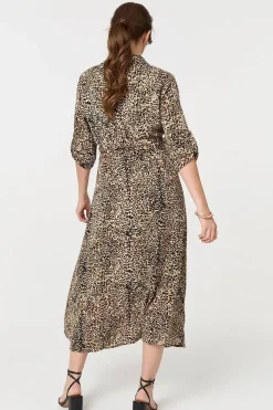 Animal Print Tie Waist Midi Shirt Dress