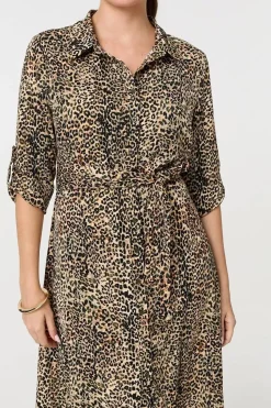 Animal Print Tie Waist Midi Shirt Dress
