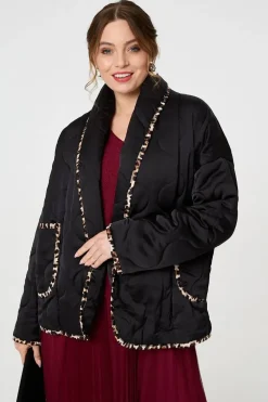 Animal Print Trim Open Front Padded Coat