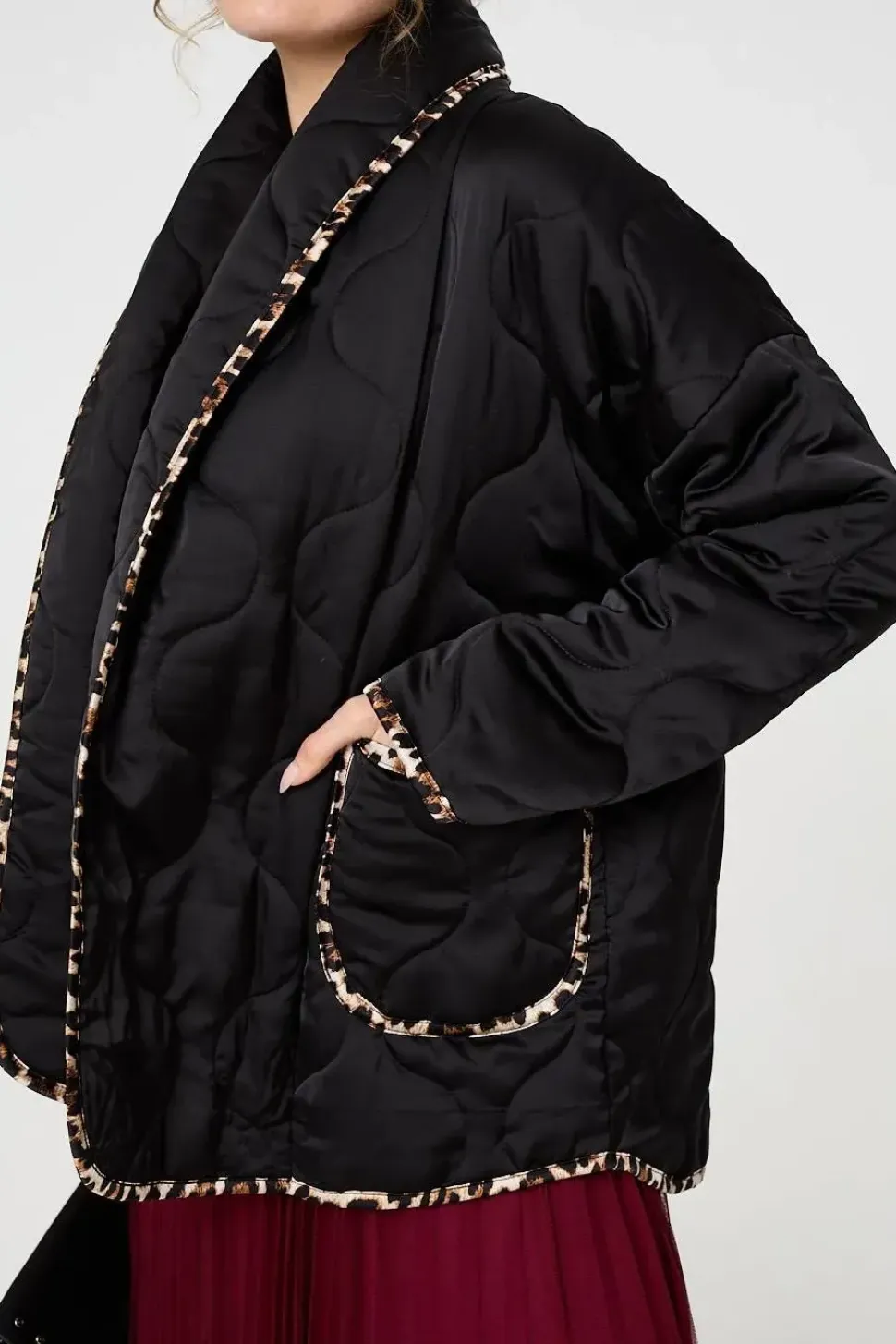 Animal Print Trim Open Front Padded Coat