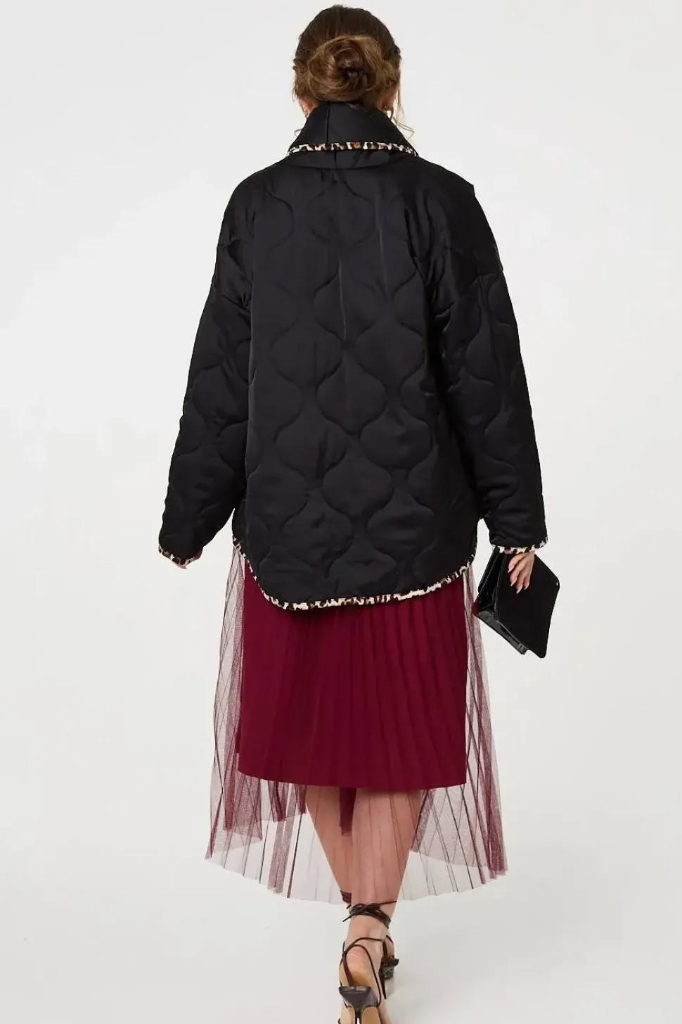 Animal Print Trim Open Front Padded Coat