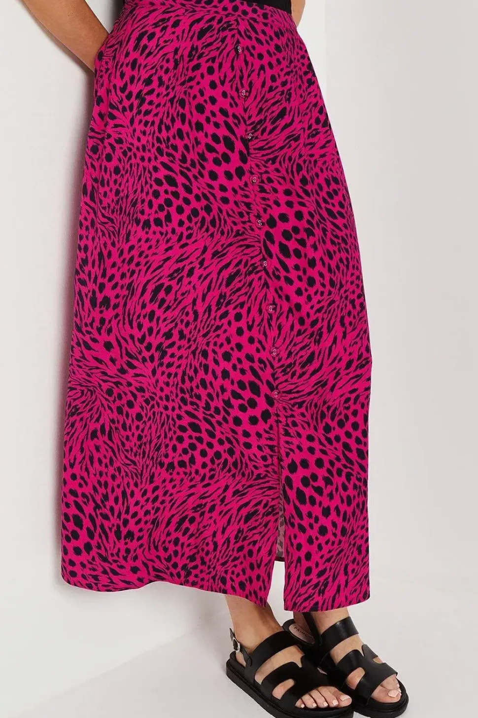 Animal Print Viscose Button Through Midi Skirt
