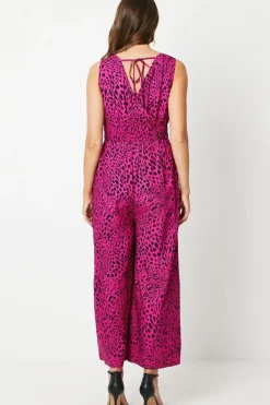 Animal Print Viscose Shirred Waist Sleeveless Jumpsuit