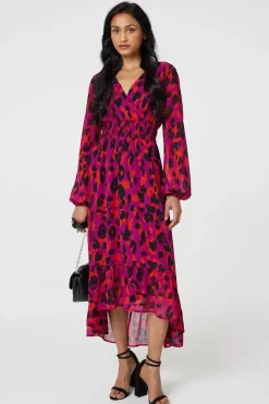 Animal Print V-Neck Curve Hem Midi Dress