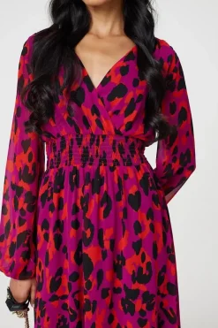 Animal Print V-Neck Curve Hem Midi Dress