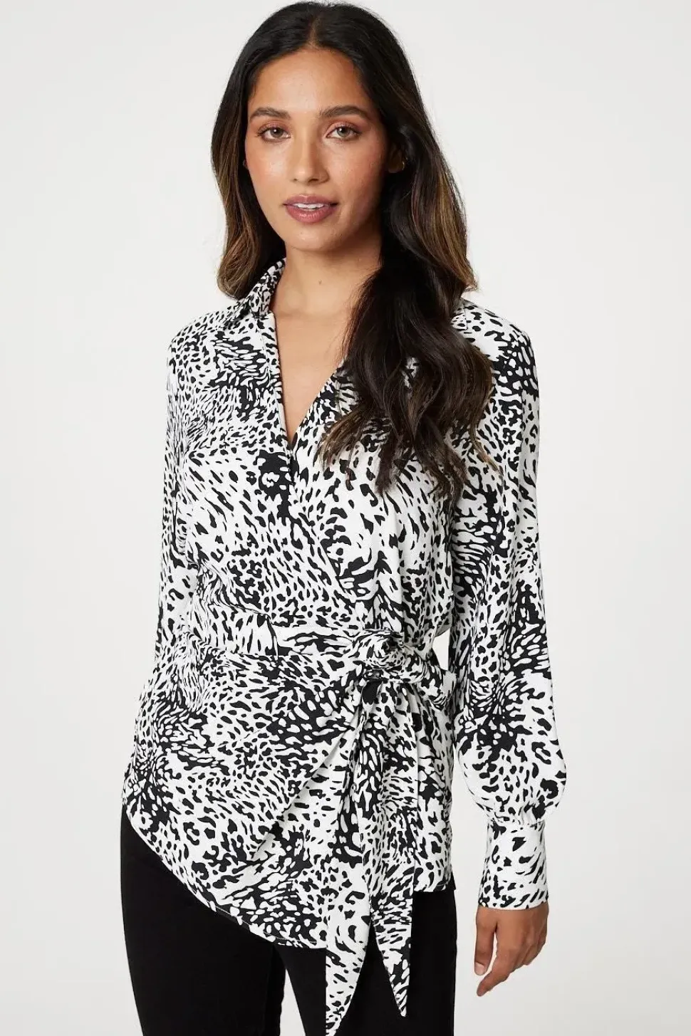 Animal Print Wrap Front Blouse