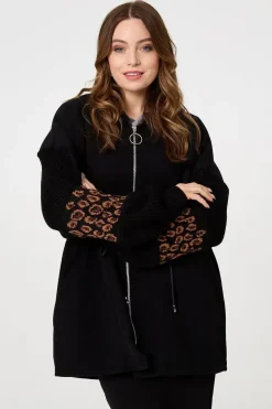 Animal Print Zip Front Relaxed Hoodie