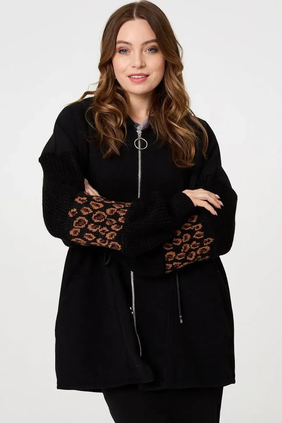 Animal Print Zip Front Relaxed Hoodie