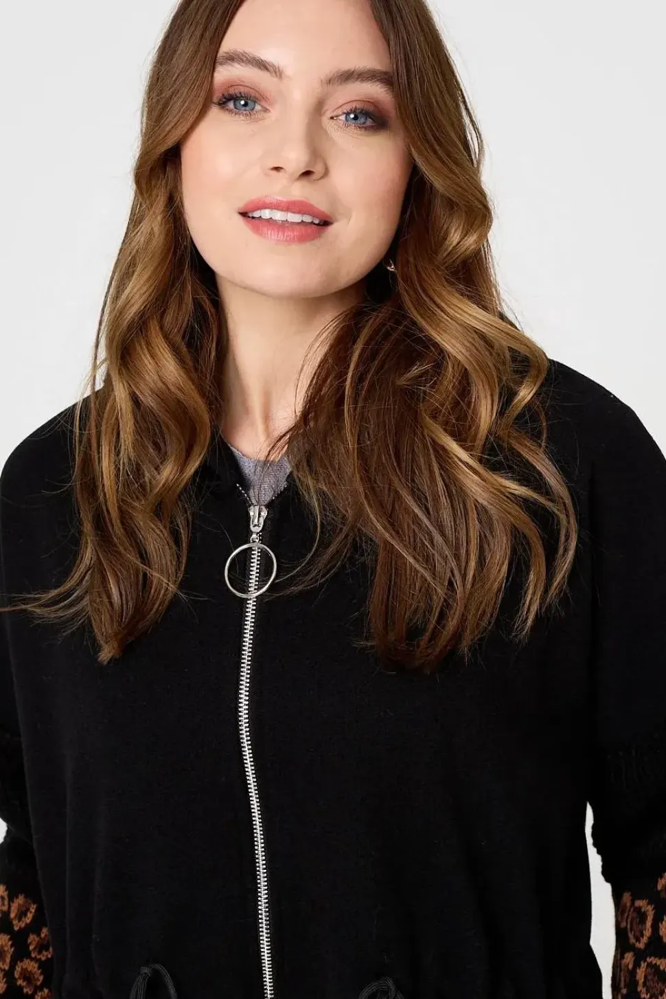 Animal Print Zip Front Relaxed Hoodie