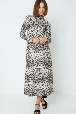 Animal Roll Neck Long Sleeve Jersey Dress