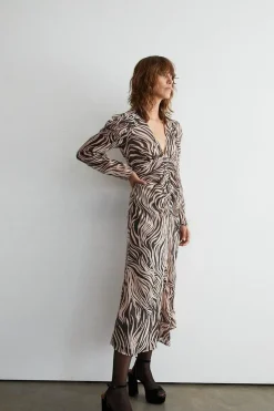 Animal Ruched Front V Neck Midi Dress
