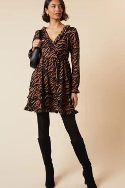 Animal Ruffle wrap long sleeve mini dress