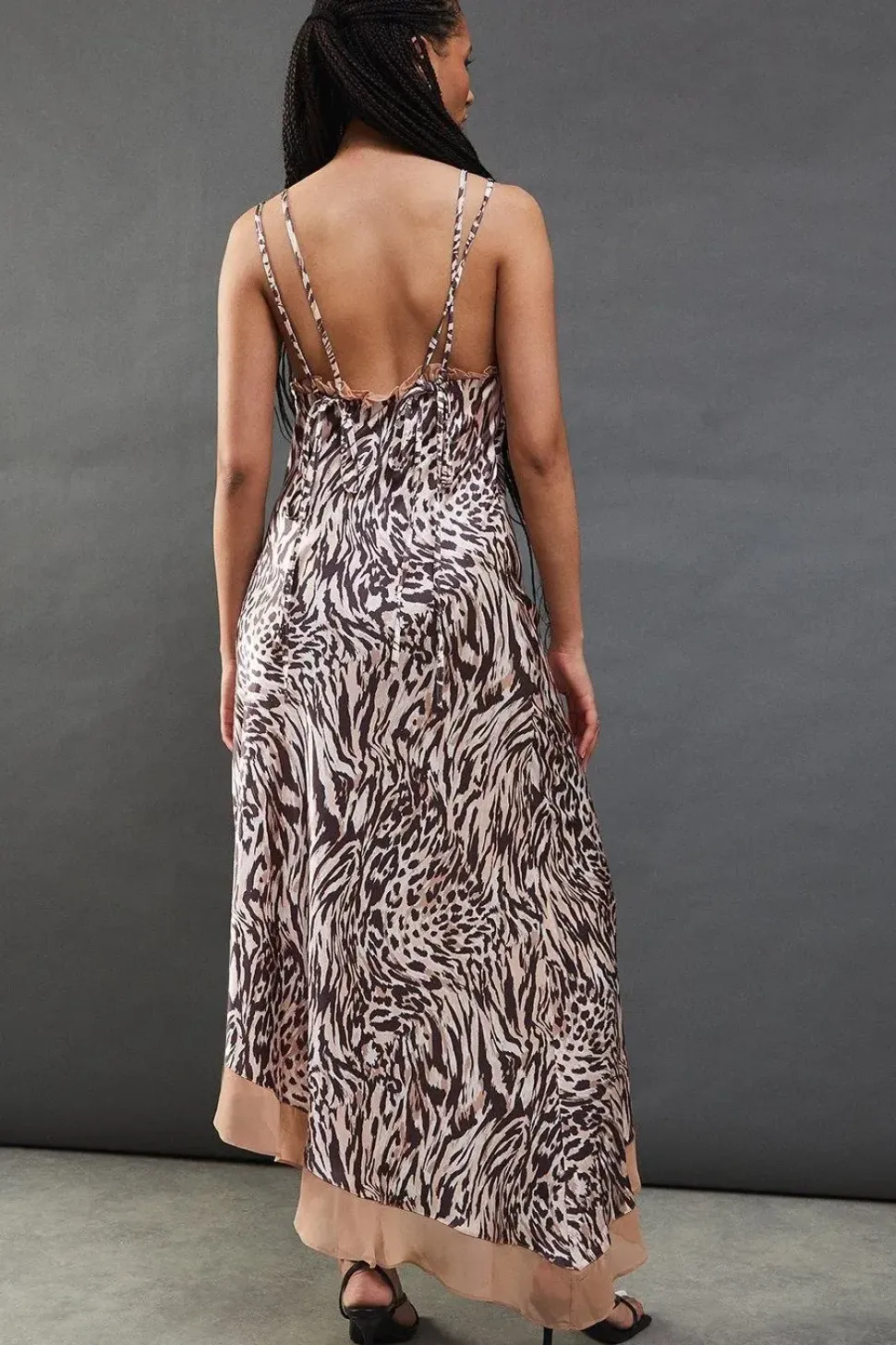 Animal Satin Strappy Asymmetric Chiffon Insert Midi Dress