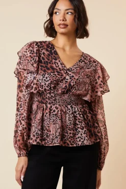 Animal Shirred Waist Button Front Chiffon Long Sleeve Blouse