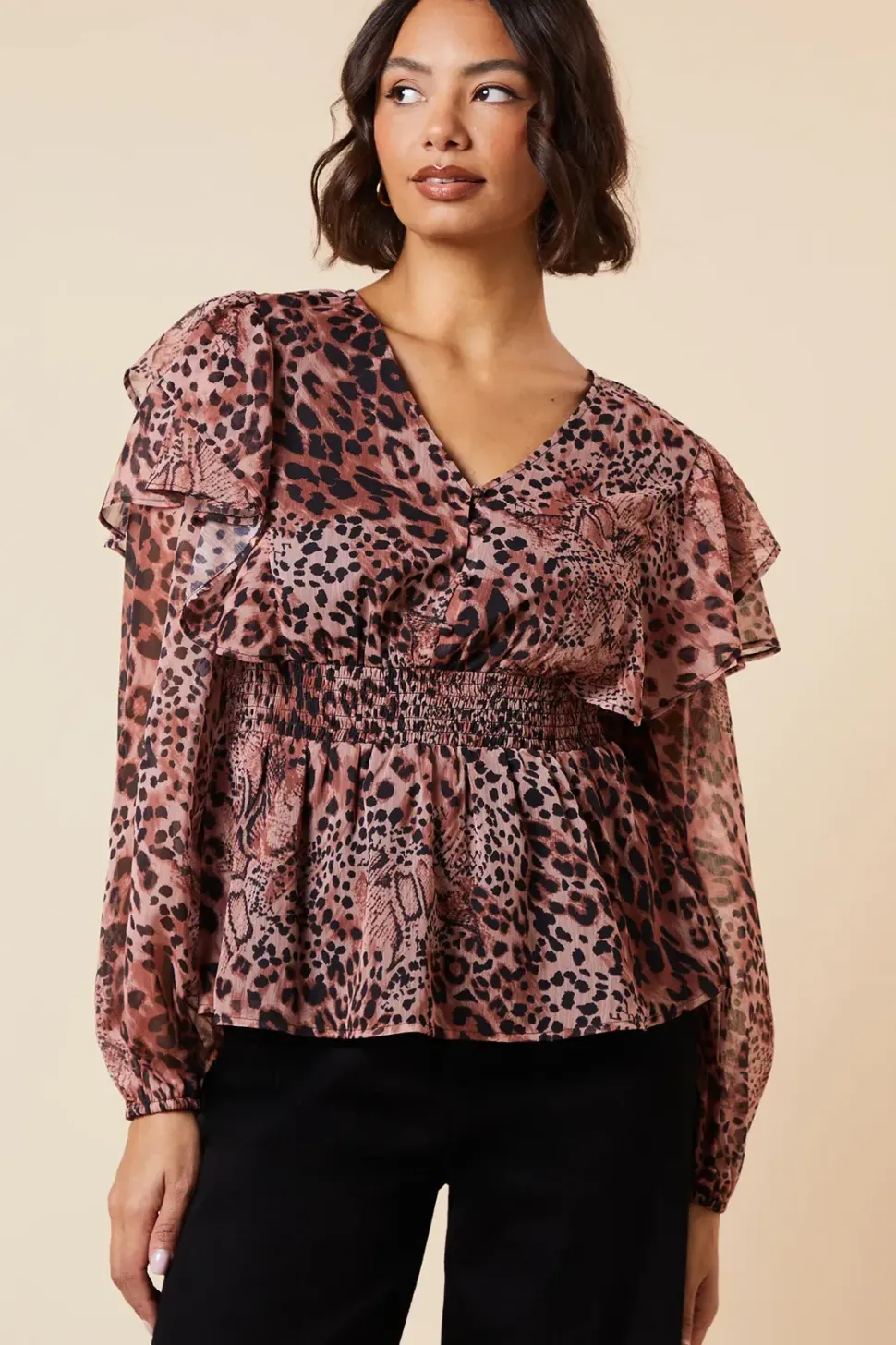 Animal Shirred Waist Button Front Chiffon Long Sleeve Blouse