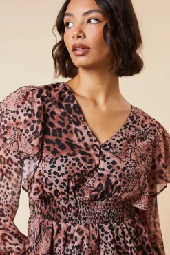 Animal Shirred Waist Button Front Chiffon Long Sleeve Blouse