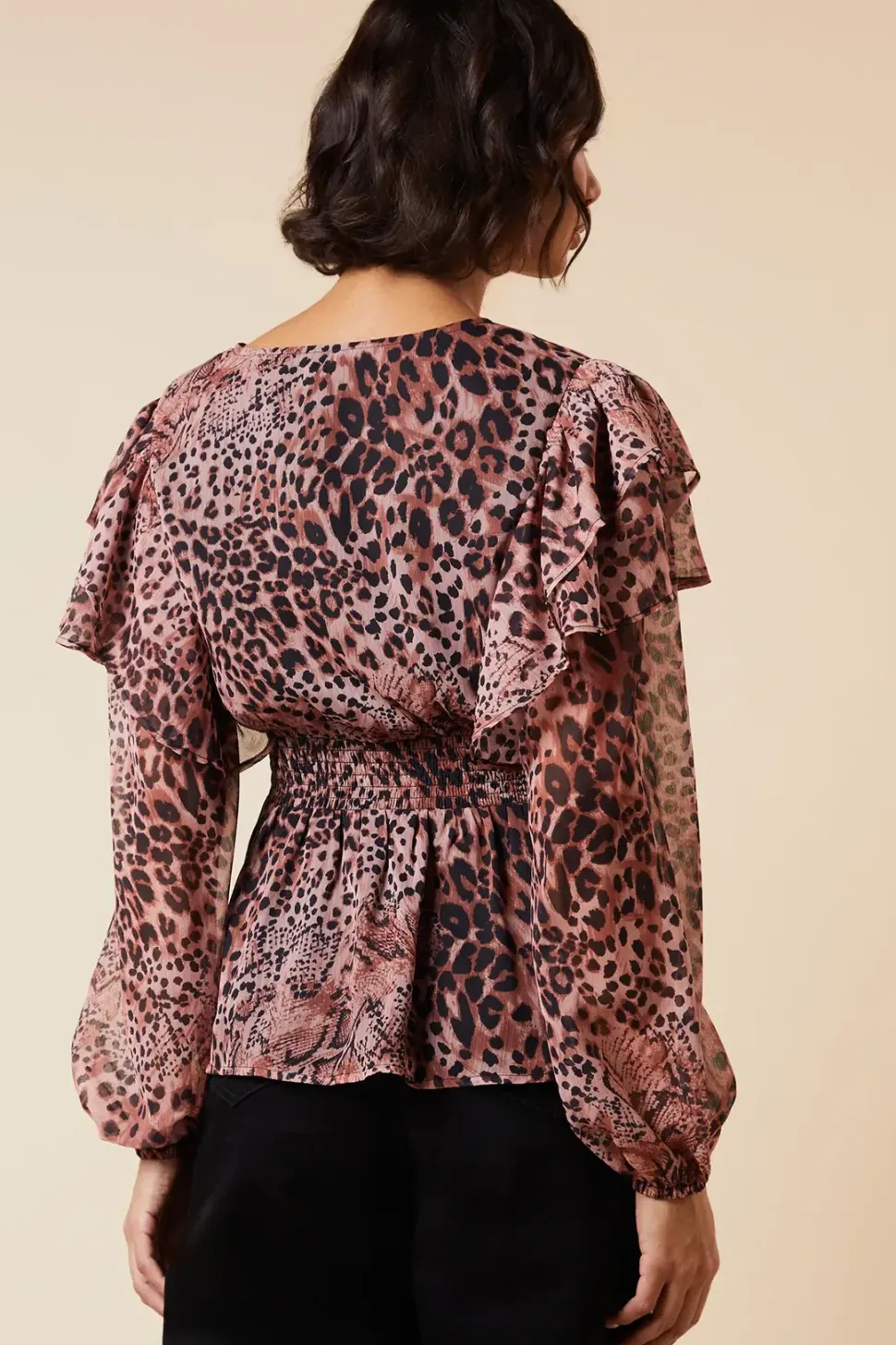 Animal Shirred Waist Button Front Chiffon Long Sleeve Blouse