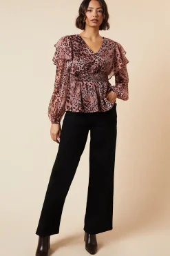 Animal Shirred Waist Button Front Chiffon Long Sleeve Blouse