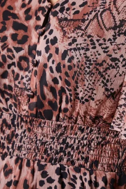 Animal Shirred Waist Button Front Chiffon Long Sleeve Blouse