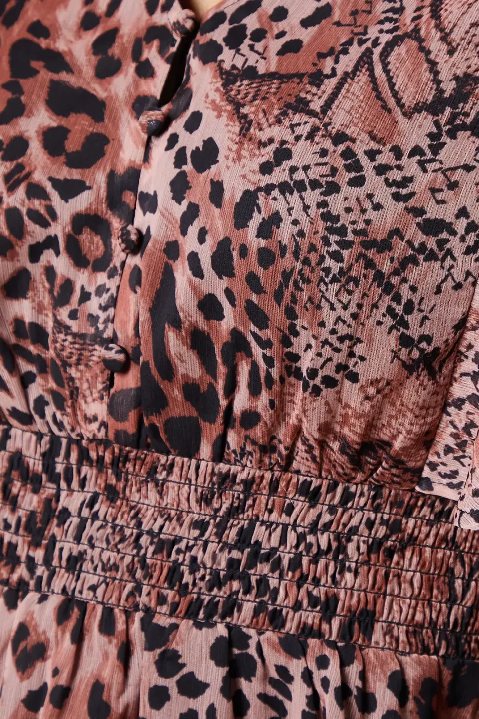 Animal Shirred Waist Button Front Chiffon Long Sleeve Blouse