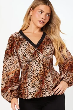 Animal Sleeve Lace Trim Button Front Tea Blouse